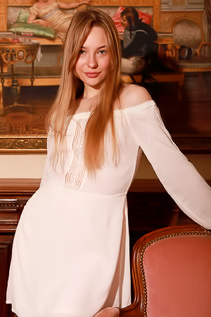 Kennedy Gracefully Perches On Antique Chair Spread Legs Teasing With Naughty Grin